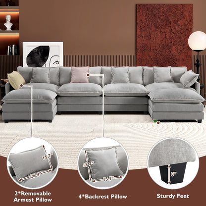 146" U-Shaped Modern Sofa Modular Sectional Cloud Couch with 2 Ottoman, 6-Seat Chenille Deep Seat Sofa with 6 Pillows for Living Room, Bedroom and Apartment, Grey