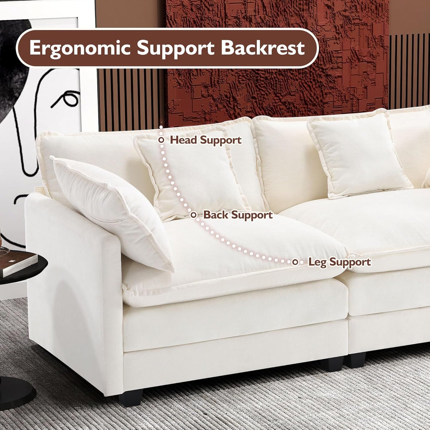 146" U-Shaped Modern Sofa Modular Sectional Cloud Couch with 2 Ottoman, 6-Seat Chenille Deep Seat Sofa with 6 Pillows for Living Room, Bedroom and Apartment, Grey