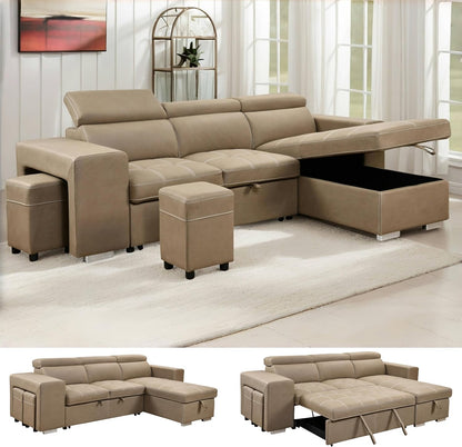 104'' Microfiber L Shaped Sectional Sleeper Sofa Couch with Pull Out Bed and Storage Ottoman, Convertible Couches with Adjustable Headrest for Living Room, Right Facing Chaise. Beige