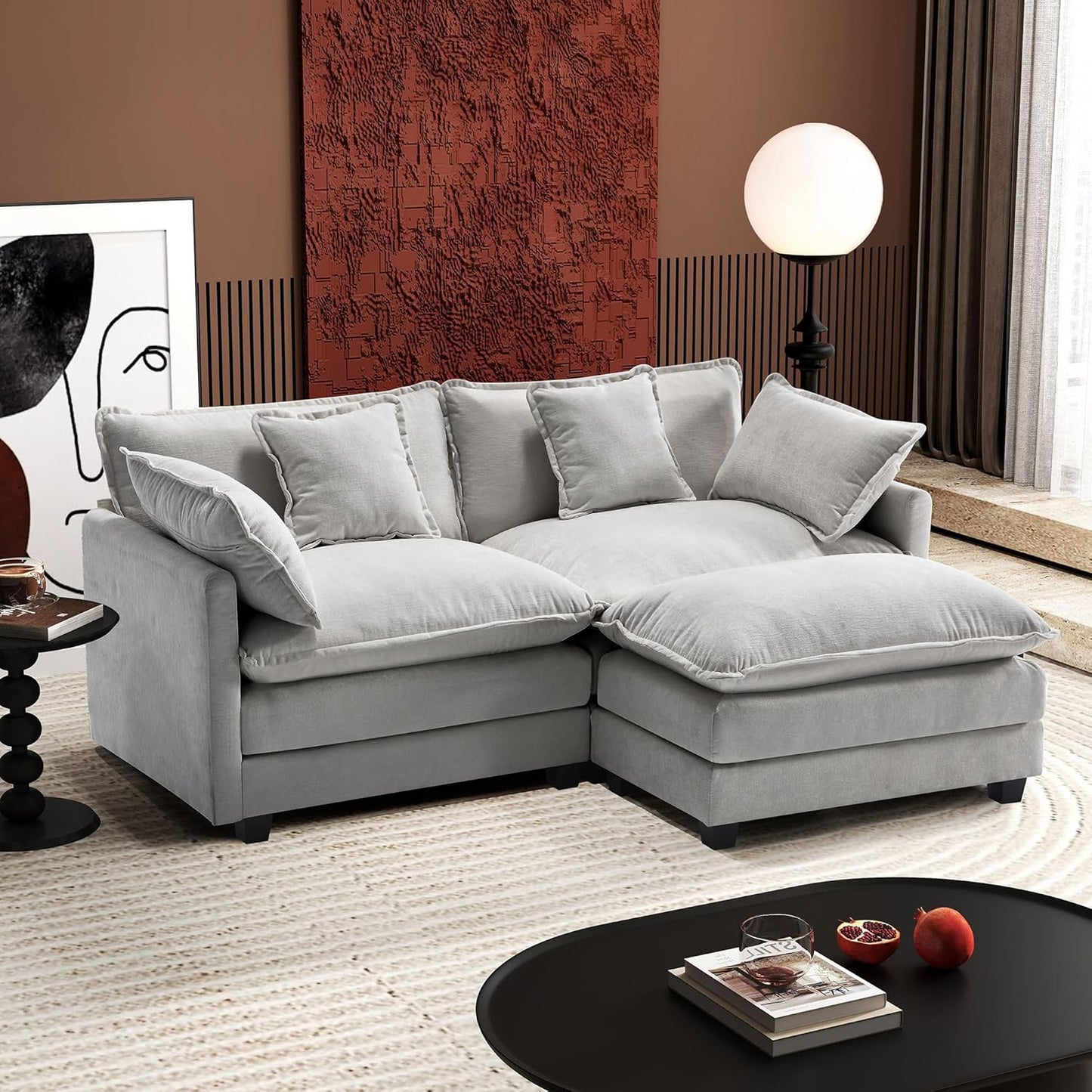 146" U-Shaped Modern Sofa Modular Sectional Cloud Couch with 2 Ottoman, 6-Seat Chenille Deep Seat Sofa with 6 Pillows for Living Room, Bedroom and Apartment, Grey