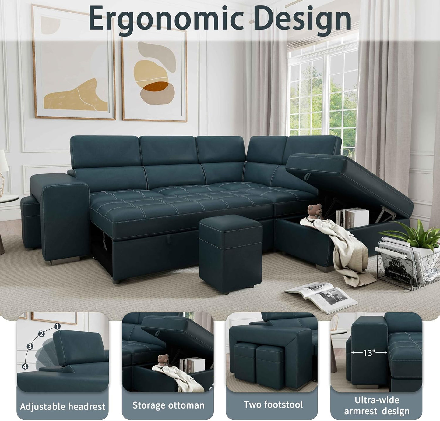 104'' Microfiber L Shaped Sectional Sleeper Sofa Couch with Pull Out Bed and Storage Ottoman, Convertible Couches with Adjustable Headrest for Living Room, Right Facing Chaise. Beige