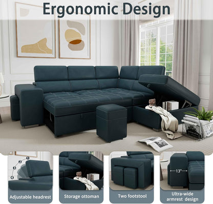 104'' Microfiber L Shaped Sectional Sleeper Sofa Couch with Pull Out Bed and Storage Ottoman, Convertible Couches with Adjustable Headrest for Living Room, Right Facing Chaise. Beige