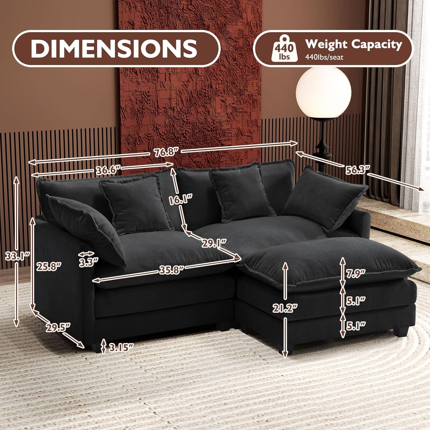 146" U-Shaped Modern Sofa Modular Sectional Cloud Couch with 2 Ottoman, 6-Seat Chenille Deep Seat Sofa with 6 Pillows for Living Room, Bedroom and Apartment, Grey