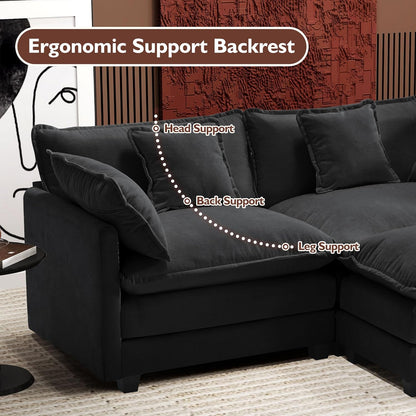 146" U-Shaped Modern Sofa Modular Sectional Cloud Couch with 2 Ottoman, 6-Seat Chenille Deep Seat Sofa with 6 Pillows for Living Room, Bedroom and Apartment, Grey