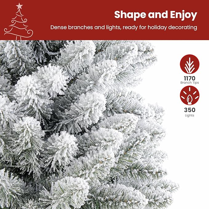 7.5ft Prelit Snow Flocked Spruce Artificial Christmas Tree with 350 Incandescent Warm White Lights, Foldable Stand, Snow Flocked Full Prelighted Xmas Tree W/1170 Branch Tips, 7.5 FT, White