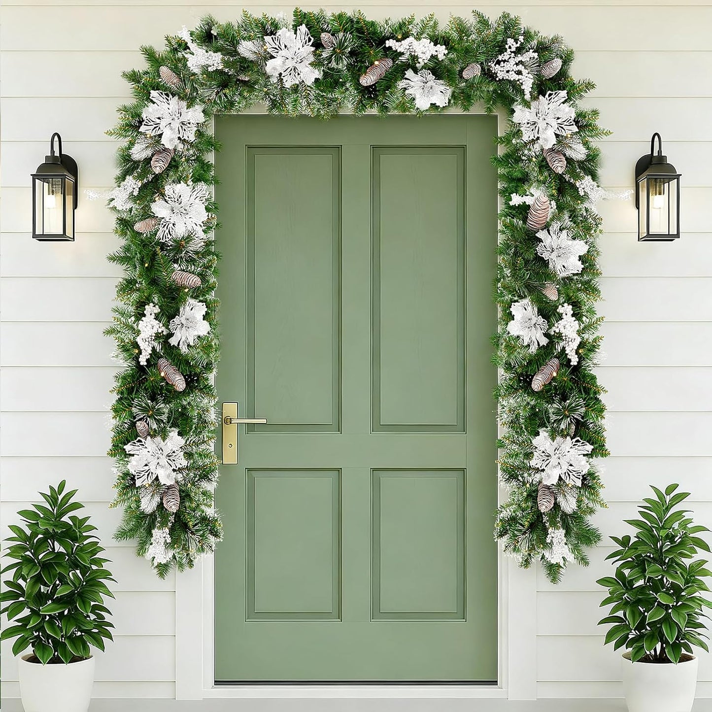 9FT Christmas Garland with Light,Pre-Lit Lush Branch Tips/Silver Flowers/Pine Cone,