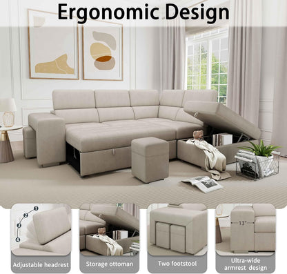 104'' Microfiber L Shaped Sectional Sleeper Sofa Couch with Pull Out Bed and Storage Ottoman, Convertible Couches with Adjustable Headrest for Living Room, Right Facing Chaise. Beige