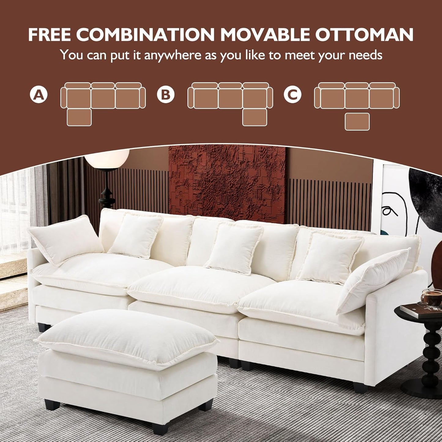 146" U-Shaped Modern Sofa Modular Sectional Cloud Couch with 2 Ottoman, 6-Seat Chenille Deep Seat Sofa with 6 Pillows for Living Room, Bedroom and Apartment, Grey