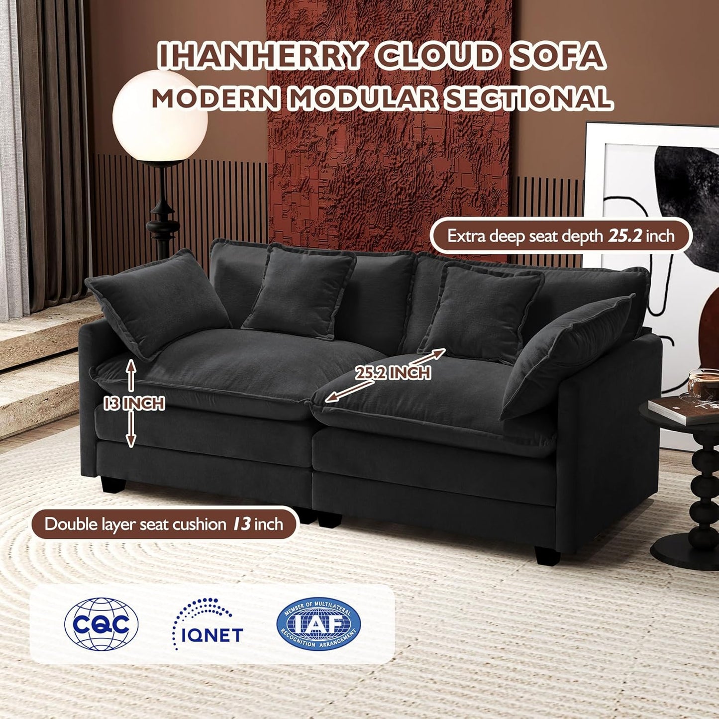 146" U-Shaped Modern Sofa Modular Sectional Cloud Couch with 2 Ottoman, 6-Seat Chenille Deep Seat Sofa with 6 Pillows for Living Room, Bedroom and Apartment, Grey