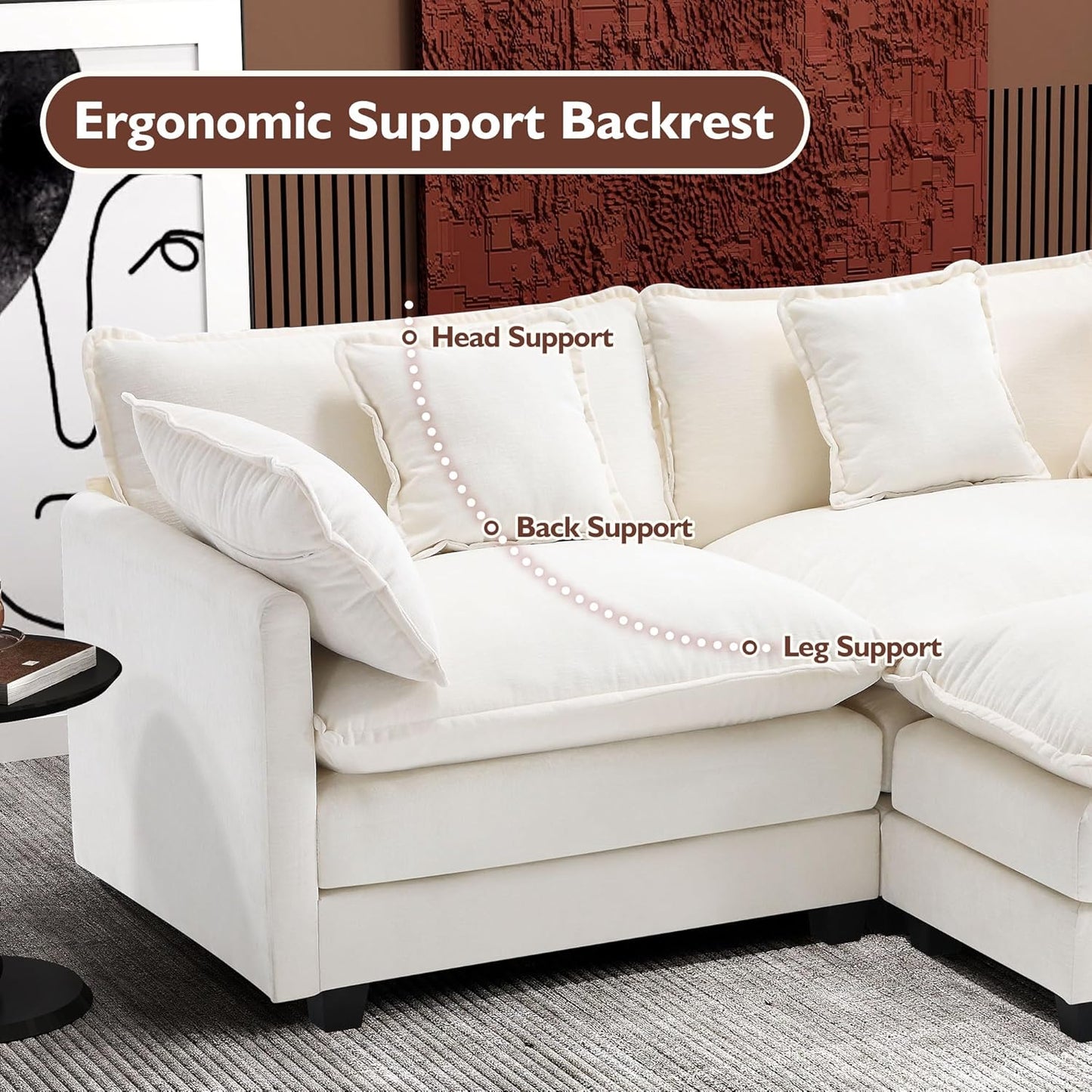 146" U-Shaped Modern Sofa Modular Sectional Cloud Couch with 2 Ottoman, 6-Seat Chenille Deep Seat Sofa with 6 Pillows for Living Room, Bedroom and Apartment, Grey