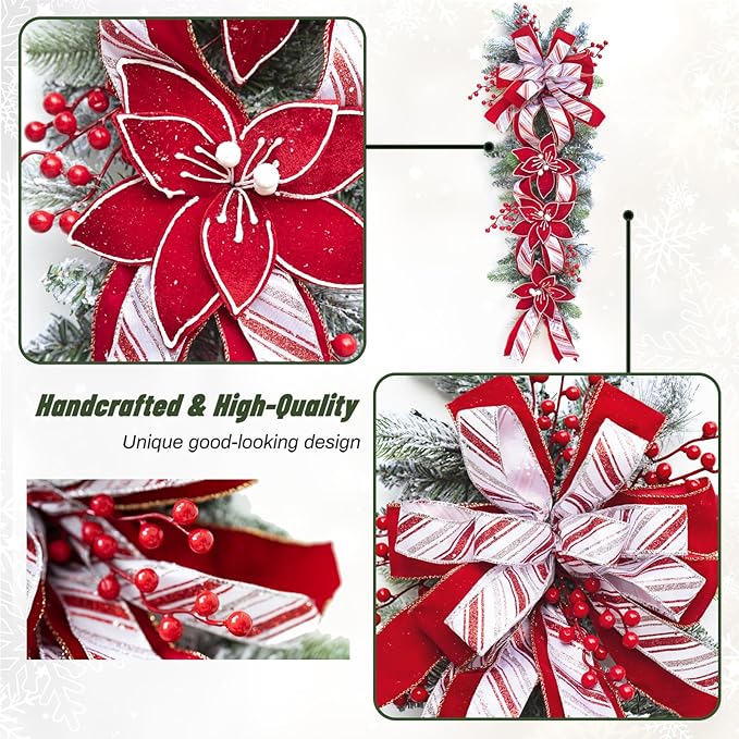 36 Inch Pre-Lit Christmas Teardrop Swag, Winter Holiday Swags Wreaths with Red Velvet Glitter Stripe Ribbon, Artificial Red Berries for Front Door, Wall Window Fireplace Artificial Decor