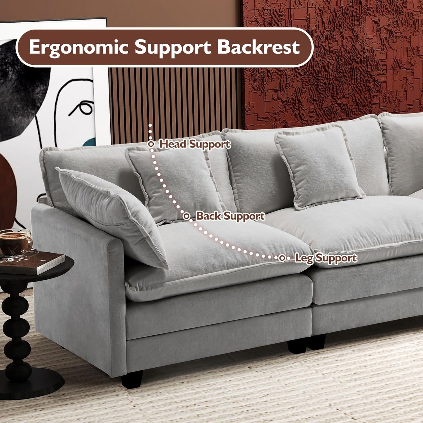 146" U-Shaped Modern Sofa Modular Sectional Cloud Couch with 2 Ottoman, 6-Seat Chenille Deep Seat Sofa with 6 Pillows for Living Room, Bedroom and Apartment, Grey