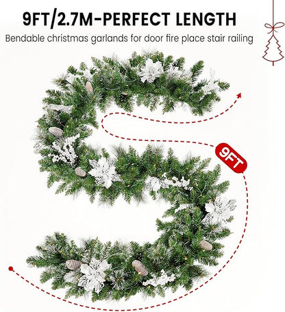 9FT Christmas Garland with Light,Pre-Lit Lush Branch Tips/Silver Flowers/Pine Cone,