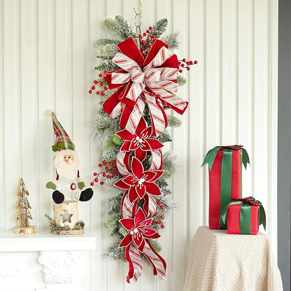 36 Inch Pre-Lit Christmas Teardrop Swag, Winter Holiday Swags Wreaths with Red Velvet Glitter Stripe Ribbon, Artificial Red Berries for Front Door, Wall Window Fireplace Artificial Decor