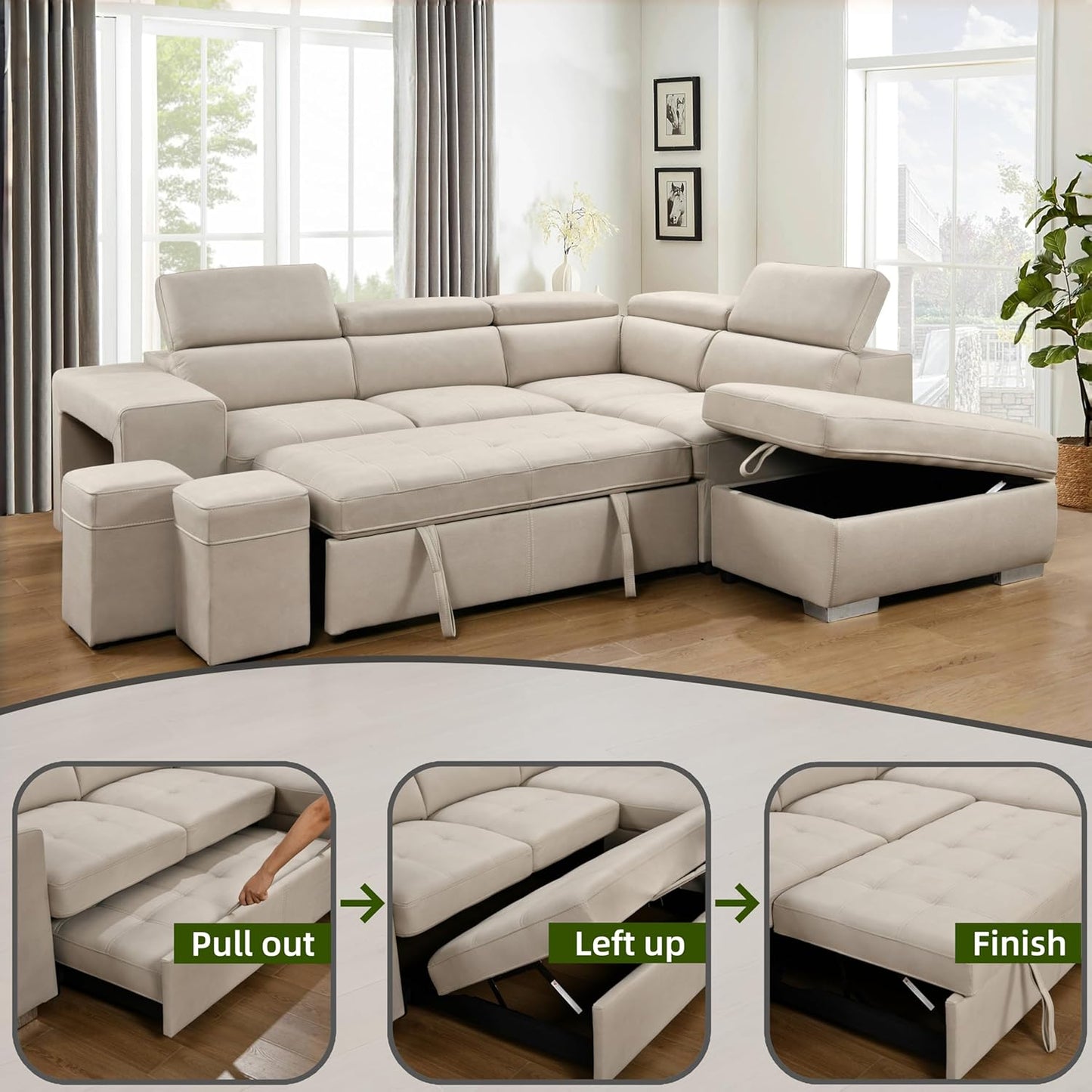 104'' Microfiber L Shaped Sectional Sleeper Sofa Couch with Pull Out Bed and Storage Ottoman, Convertible Couches with Adjustable Headrest for Living Room, Right Facing Chaise. Beige