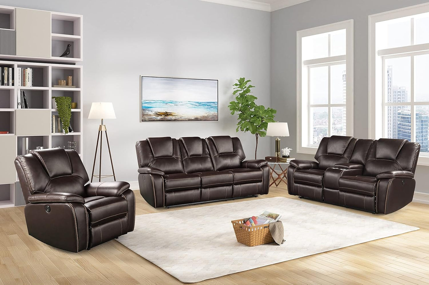 3 Piece Living Room Sofa Set,Bonded Leather Lounge Chair Loveseat Reclining Couch Recliner Sofa Sets,Brown