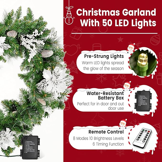 9FT Christmas Garland with Light,Pre-Lit Lush Branch Tips/Silver Flowers/Pine Cone,