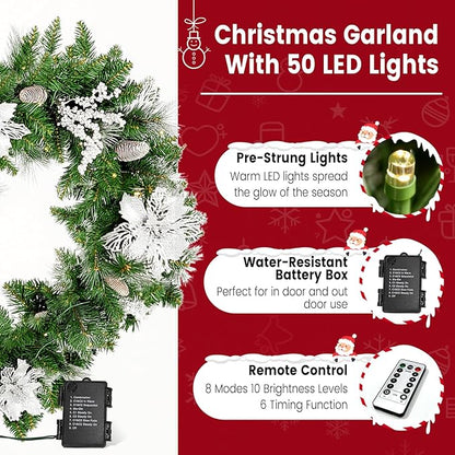 9FT Christmas Garland with Light,Pre-Lit Lush Branch Tips/Silver Flowers/Pine Cone,