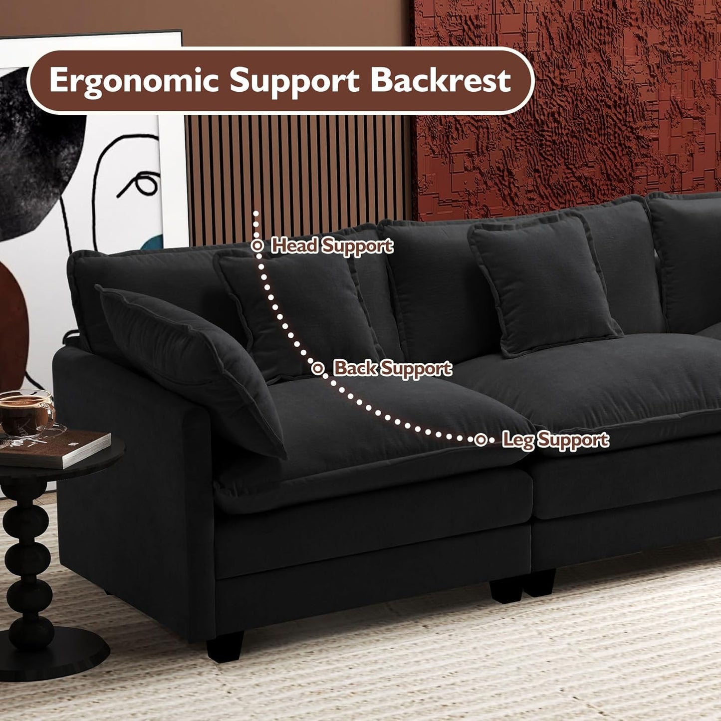 146" U-Shaped Modern Sofa Modular Sectional Cloud Couch with 2 Ottoman, 6-Seat Chenille Deep Seat Sofa with 6 Pillows for Living Room, Bedroom and Apartment, Grey