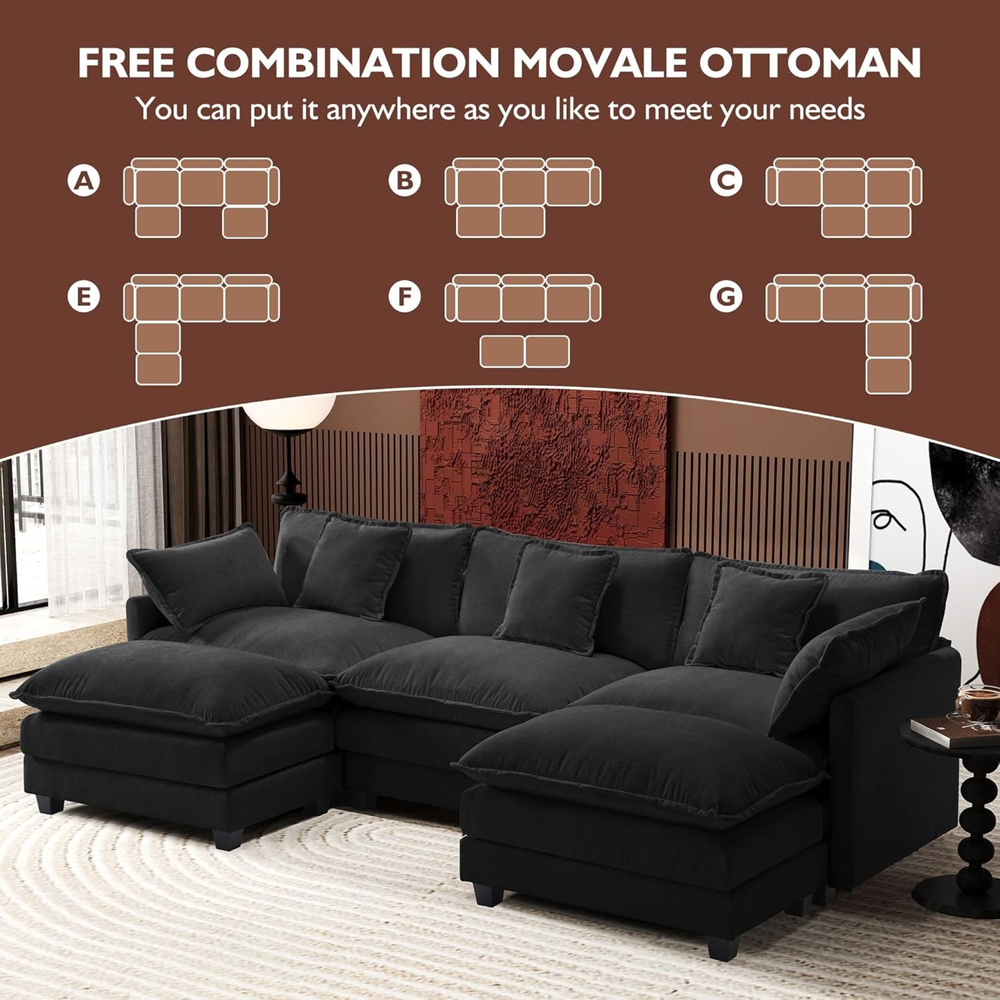 146" U-Shaped Modern Sofa Modular Sectional Cloud Couch with 2 Ottoman, 6-Seat Chenille Deep Seat Sofa with 6 Pillows for Living Room, Bedroom and Apartment, Grey