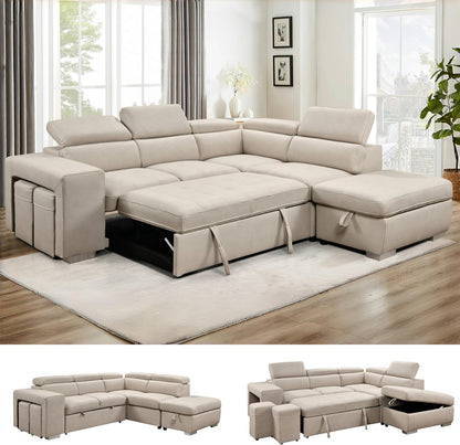 104'' Microfiber L Shaped Sectional Sleeper Sofa Couch with Pull Out Bed and Storage Ottoman, Convertible Couches with Adjustable Headrest for Living Room, Right Facing Chaise. Beige