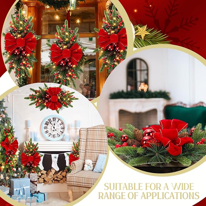 Lyrow 8 Pcs Christmas Artificial Swags 24" Xmas The Cordless Prelit Stairway Swag Teardrop Trim Wreath Door Stair Swag Garland Christmas Swags for Outdoor Home Garden Decor(Red,Ribbon)