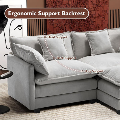 146" U-Shaped Modern Sofa Modular Sectional Cloud Couch with 2 Ottoman, 6-Seat Chenille Deep Seat Sofa with 6 Pillows for Living Room, Bedroom and Apartment, Grey