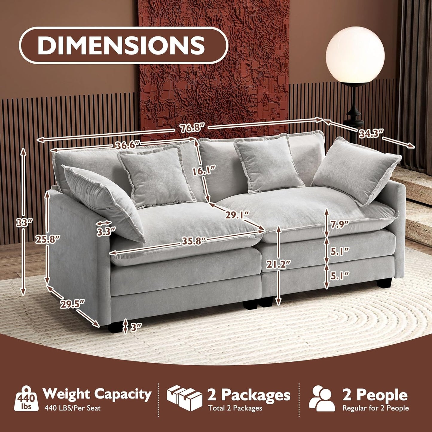 146" U-Shaped Modern Sofa Modular Sectional Cloud Couch with 2 Ottoman, 6-Seat Chenille Deep Seat Sofa with 6 Pillows for Living Room, Bedroom and Apartment, Grey