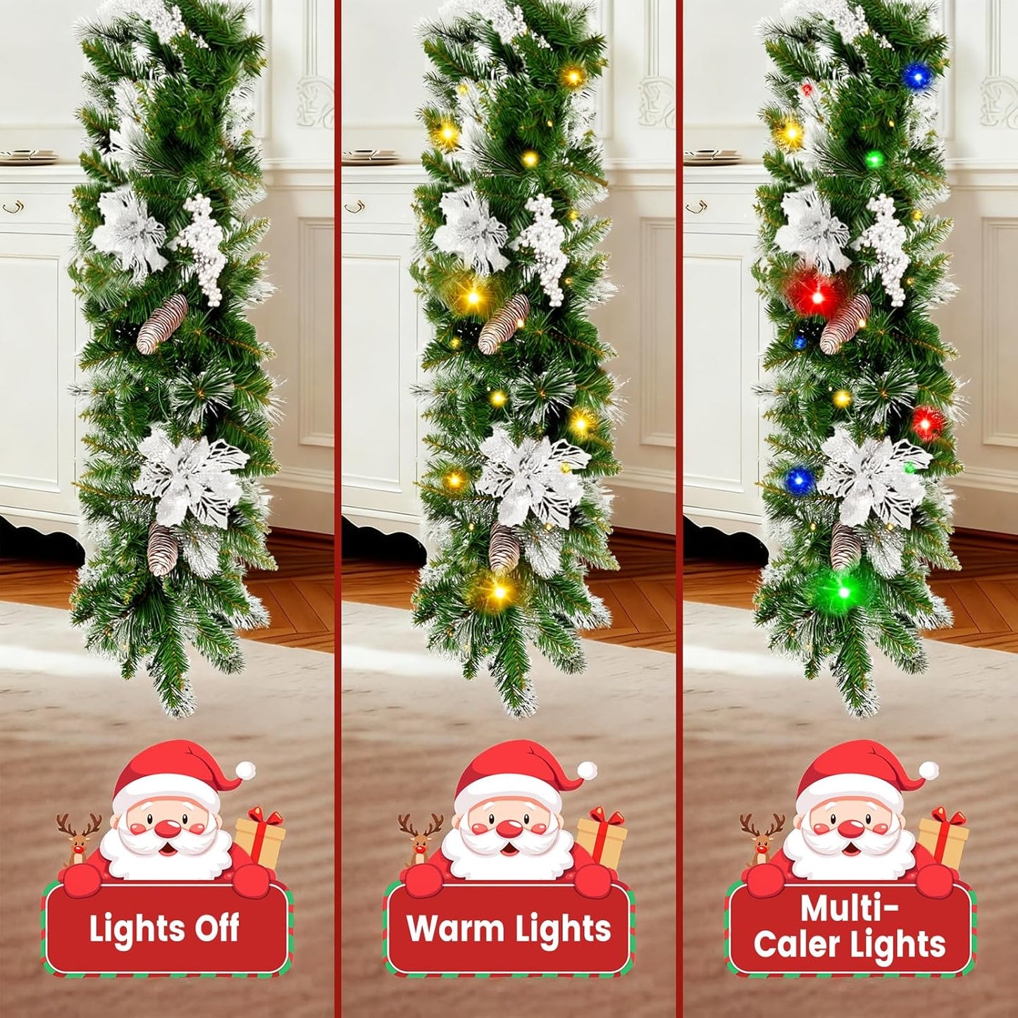 9FT Christmas Garland with Light,Pre-Lit Lush Branch Tips/Silver Flowers/Pine Cone,