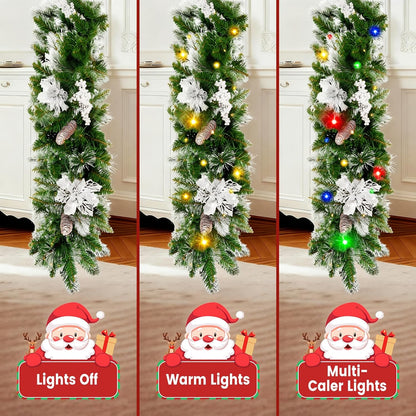 9FT Christmas Garland with Light,Pre-Lit Lush Branch Tips/Silver Flowers/Pine Cone,