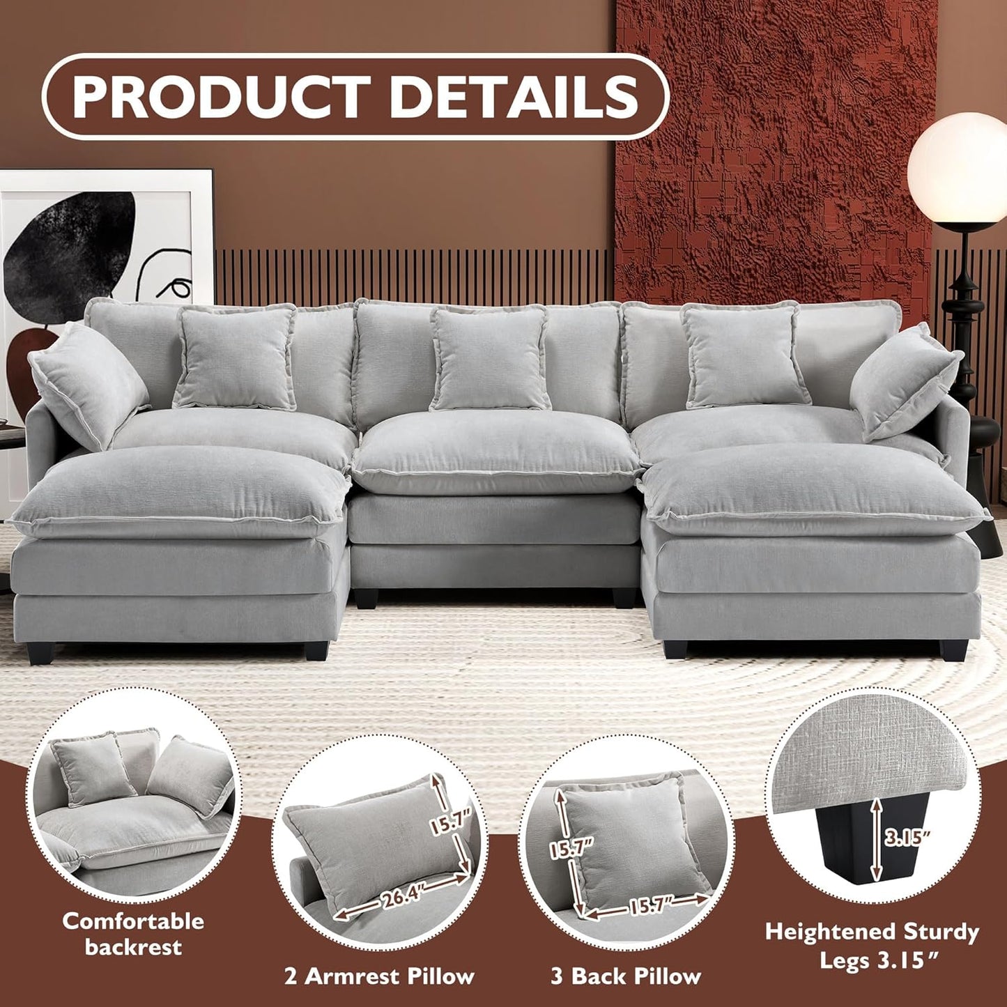 146" U-Shaped Modern Sofa Modular Sectional Cloud Couch with 2 Ottoman, 6-Seat Chenille Deep Seat Sofa with 6 Pillows for Living Room, Bedroom and Apartment, Grey