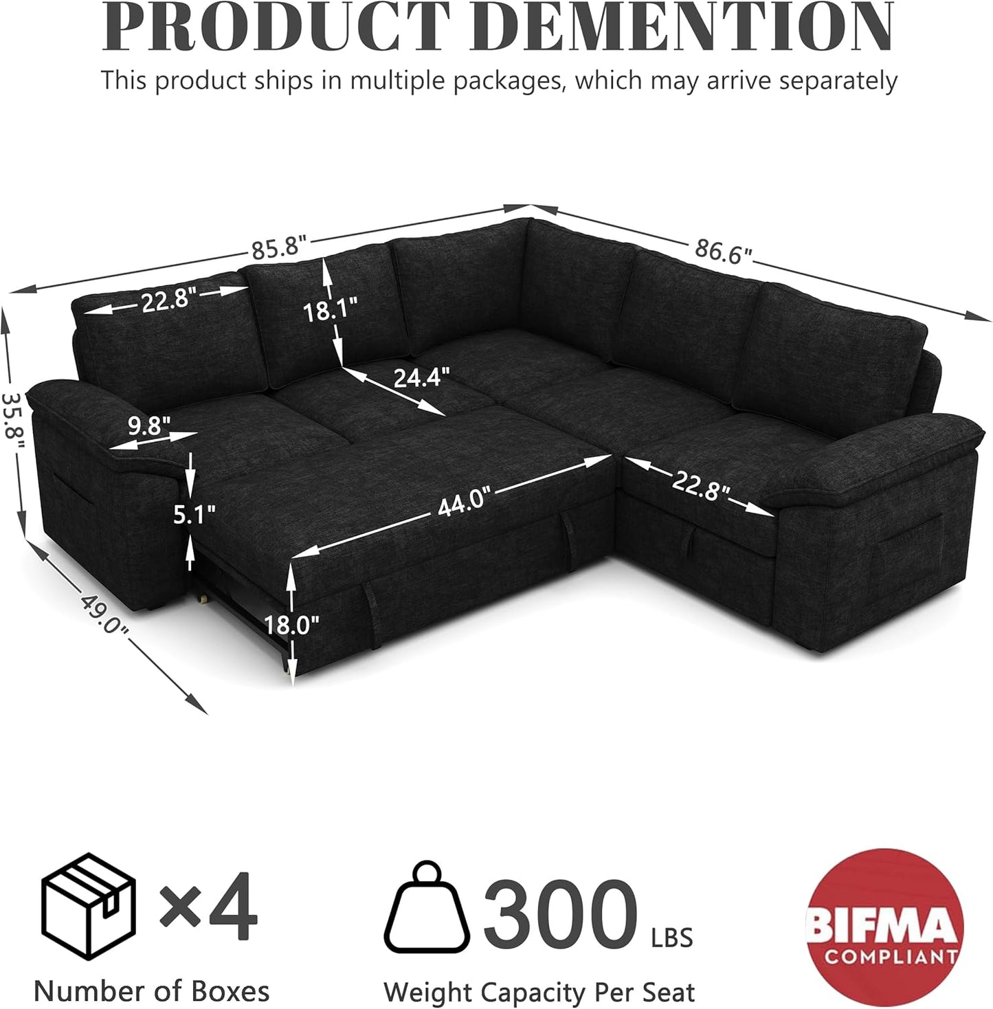 108 Inch Sectional Sleeper Sofa with Pull Out Bed, U Shaped 7 Seat Modular Sectional Sofa with Storage, Sectional Couches for Living Room, Cloud Modular Couch,Removable Sofa Cover, Dark Grey