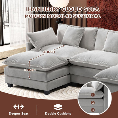 146" U-Shaped Modern Sofa Modular Sectional Cloud Couch with 2 Ottoman, 6-Seat Chenille Deep Seat Sofa with 6 Pillows for Living Room, Bedroom and Apartment, Grey