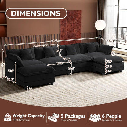 146" U-Shaped Modern Sofa Modular Sectional Cloud Couch with 2 Ottoman, 6-Seat Chenille Deep Seat Sofa with 6 Pillows for Living Room, Bedroom and Apartment, Grey