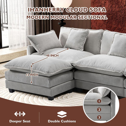 146" U-Shaped Modern Sofa Modular Sectional Cloud Couch with 2 Ottoman, 6-Seat Chenille Deep Seat Sofa with 6 Pillows for Living Room, Bedroom and Apartment, Grey