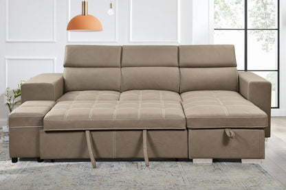 104'' Microfiber L Shaped Sectional Sleeper Sofa Couch with Pull Out Bed and Storage Ottoman, Convertible Couches with Adjustable Headrest for Living Room, Right Facing Chaise. Beige