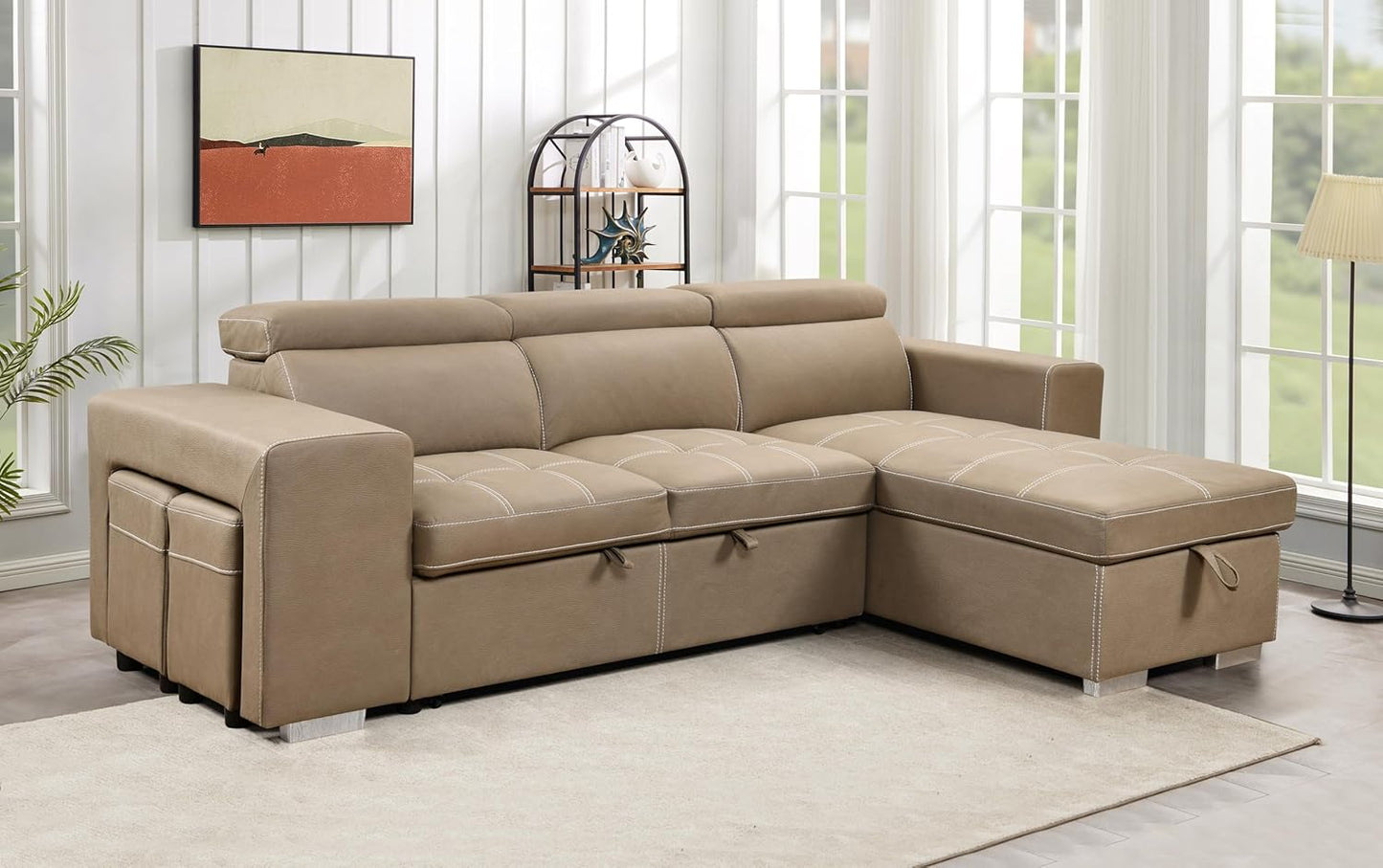 104'' Microfiber L Shaped Sectional Sleeper Sofa Couch with Pull Out Bed and Storage Ottoman, Convertible Couches with Adjustable Headrest for Living Room, Right Facing Chaise. Beige