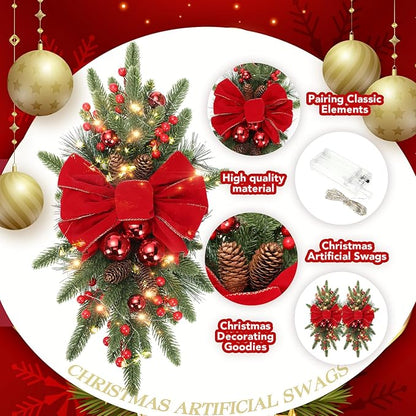 Lyrow 8 Pcs Christmas Artificial Swags 24" Xmas The Cordless Prelit Stairway Swag Teardrop Trim Wreath Door Stair Swag Garland Christmas Swags for Outdoor Home Garden Decor(Red,Ribbon)