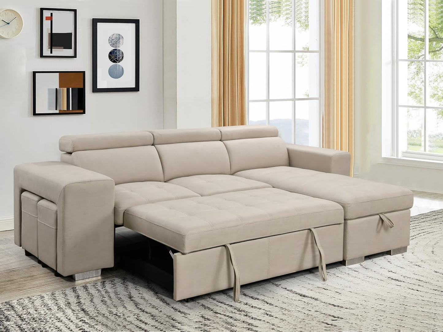 104'' Microfiber L Shaped Sectional Sleeper Sofa Couch with Pull Out Bed and Storage Ottoman, Convertible Couches with Adjustable Headrest for Living Room, Right Facing Chaise. Beige