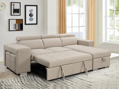 104'' Microfiber L Shaped Sectional Sleeper Sofa Couch with Pull Out Bed and Storage Ottoman, Convertible Couches with Adjustable Headrest for Living Room, Right Facing Chaise. Beige