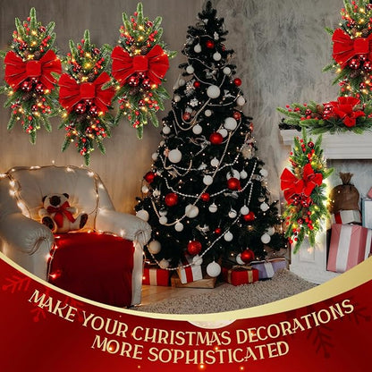 Lyrow 8 Pcs Christmas Artificial Swags 24" Xmas The Cordless Prelit Stairway Swag Teardrop Trim Wreath Door Stair Swag Garland Christmas Swags for Outdoor Home Garden Decor(Red,Ribbon)