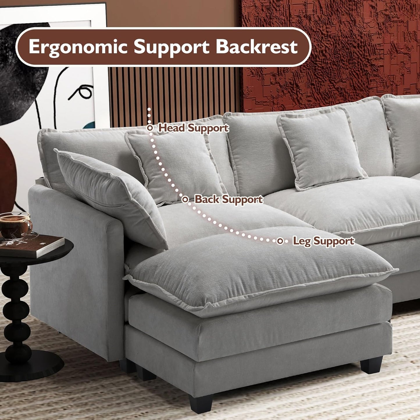 146" U-Shaped Modern Sofa Modular Sectional Cloud Couch with 2 Ottoman, 6-Seat Chenille Deep Seat Sofa with 6 Pillows for Living Room, Bedroom and Apartment, Grey