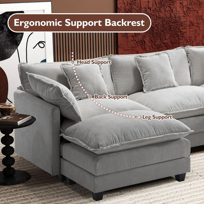 146" U-Shaped Modern Sofa Modular Sectional Cloud Couch with 2 Ottoman, 6-Seat Chenille Deep Seat Sofa with 6 Pillows for Living Room, Bedroom and Apartment, Grey