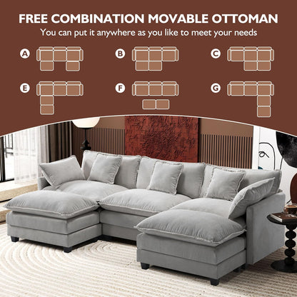 146" U-Shaped Modern Sofa Modular Sectional Cloud Couch with 2 Ottoman, 6-Seat Chenille Deep Seat Sofa with 6 Pillows for Living Room, Bedroom and Apartment, Grey