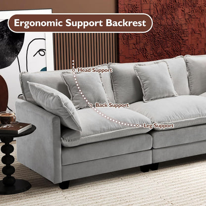 146" U-Shaped Modern Sofa Modular Sectional Cloud Couch with 2 Ottoman, 6-Seat Chenille Deep Seat Sofa with 6 Pillows for Living Room, Bedroom and Apartment, Grey