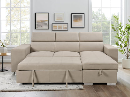 104'' Microfiber L Shaped Sectional Sleeper Sofa Couch with Pull Out Bed and Storage Ottoman, Convertible Couches with Adjustable Headrest for Living Room, Right Facing Chaise. Beige