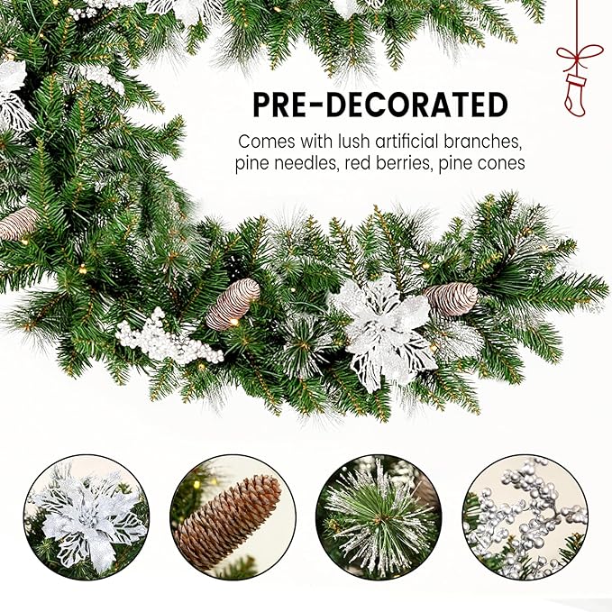 9FT Christmas Garland with Light,Pre-Lit Lush Branch Tips/Silver Flowers/Pine Cone,