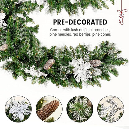 9FT Christmas Garland with Light,Pre-Lit Lush Branch Tips/Silver Flowers/Pine Cone,