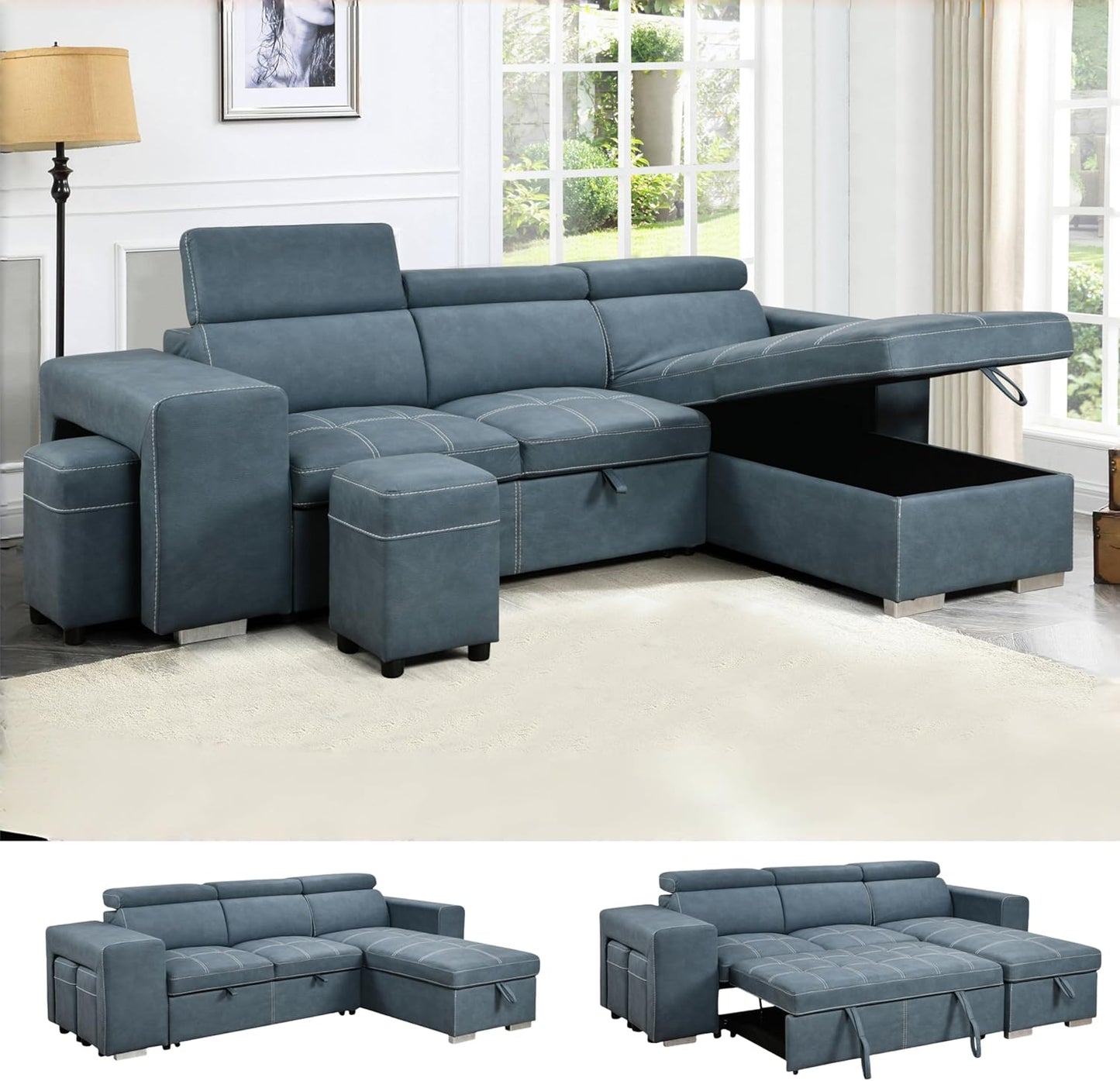 104'' Microfiber L Shaped Sectional Sleeper Sofa Couch with Pull Out Bed and Storage Ottoman, Convertible Couches with Adjustable Headrest for Living Room, Right Facing Chaise. Beige