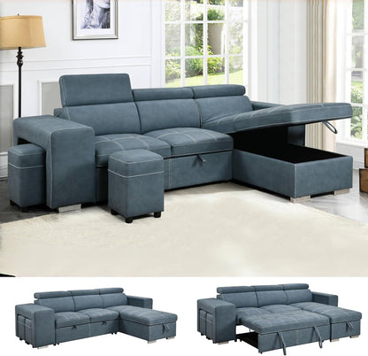 104'' Microfiber L Shaped Sectional Sleeper Sofa Couch with Pull Out Bed and Storage Ottoman, Convertible Couches with Adjustable Headrest for Living Room, Right Facing Chaise. Beige